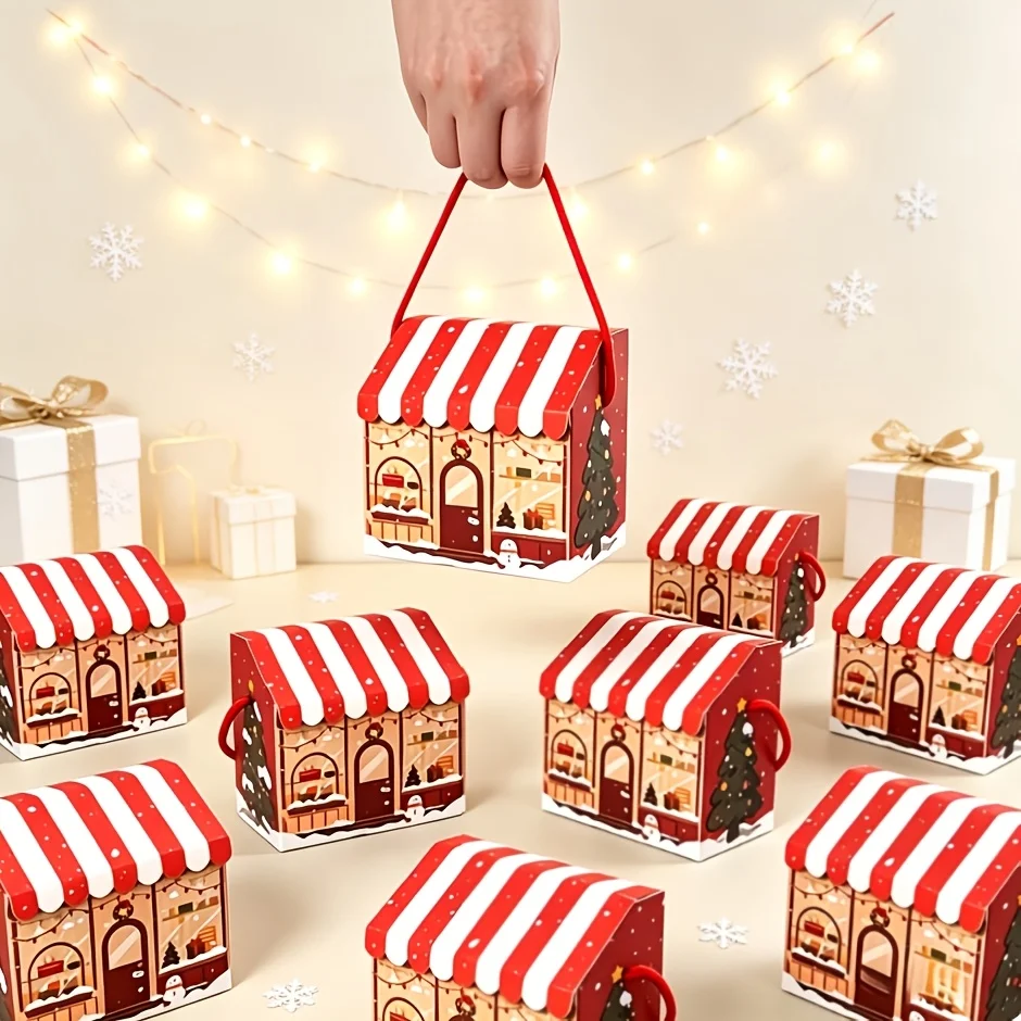 Printer Paper - 可愛らしい雪だるまのクリスマス柄がプリントされた、取っ手付きのクリスマスハウス型ギフトボックス10個セット。持ち運び可能な紙製包装箱。