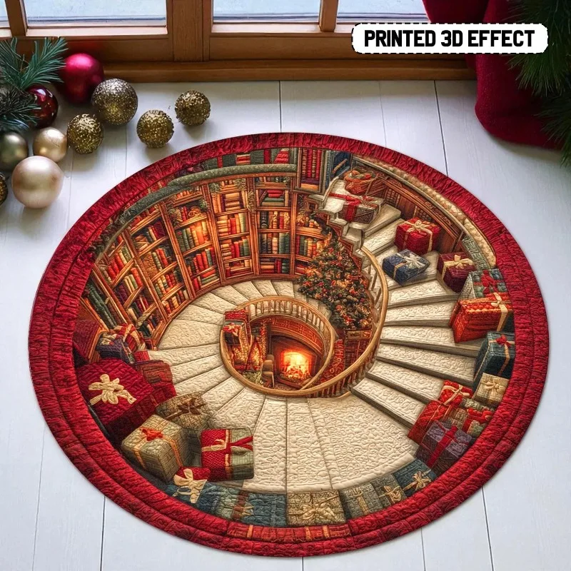Commercial Book Printing Machines - 3Dブックライブラリー柄のクリスマスカーペット。プレゼントやクリスマスツリーのプリントが施された、お祭り気分を盛り上げる円形のラグ。ご自宅のクリスマスシーズンに最適なフロアマット。