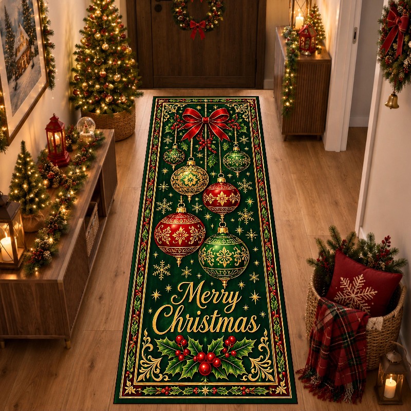 Commercial Fabric Printing Machine - クリスマスオーナメント柄のランナー、高級感のある装飾生地を使用したレトロでクラシックなデザインの長方形のフロアカーペット。室内や家庭でのクリスマスホリデーの装飾に最適。